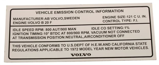 Decal Vehicle Emission 1800 1972 in the group Volvo / 1800 / Miscellaneous / Decals 1800 1961-73 at VP Autoparts Inc. (136)