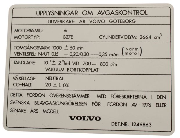 Dekal avgaskontroll B27E i gruppen Accessories / Prints / Dekaler Volvo hos VP Autoparts Inc. (169)