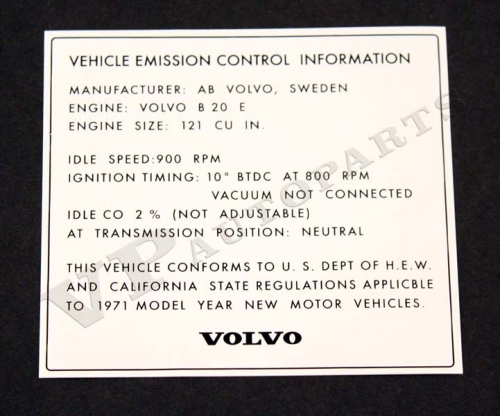Decal emission control B20E 1971 in the group Volvo / 140/164 / Miscellaneous / Decals / Decals 140 at VP Autoparts Inc. (170)
